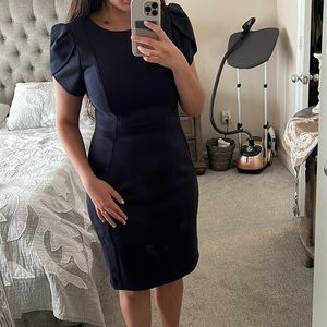 CALVIN KLEIN Navy Faux Suede Knee-Length Petal Sleeve Sheath Dress - Size 8